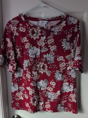 Liz Claiborne 100%Cotton Red Floral Short-Sleeve Tee Size L